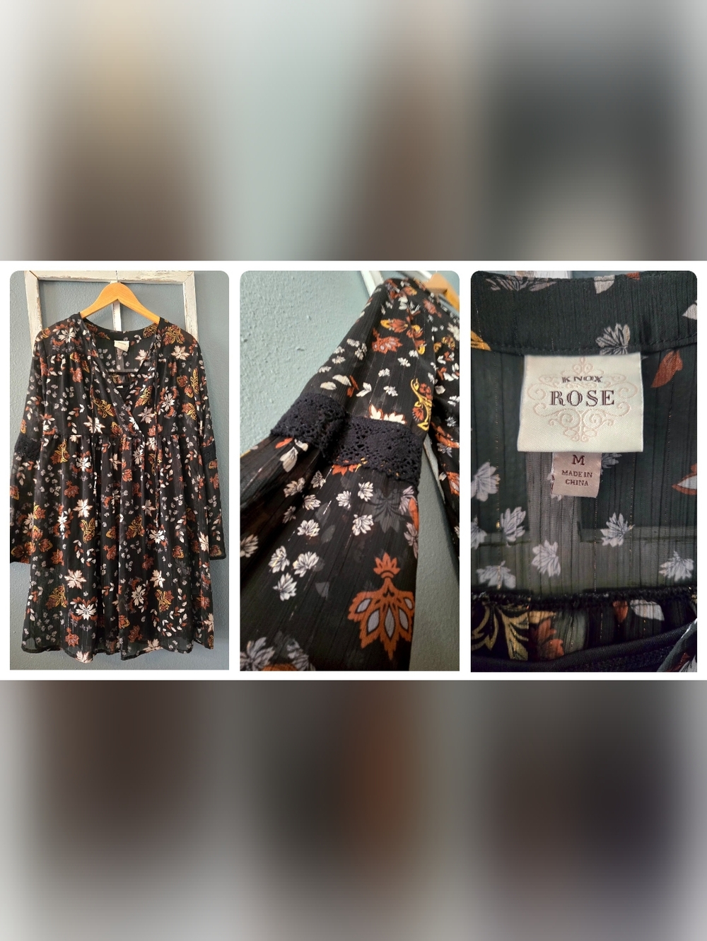 ✨️🌿Knox Rose Black Floral Boho Mini Dress with Gold Metallic Threading - Medium